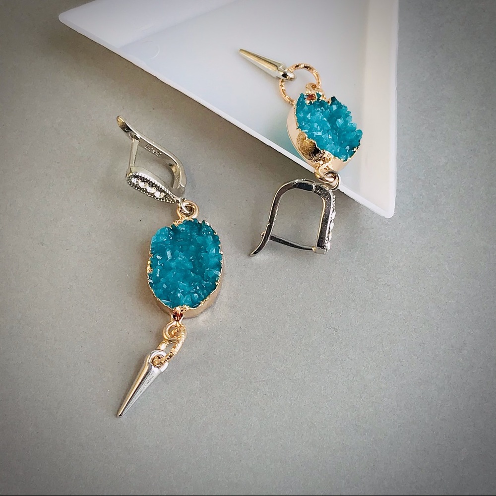 Emerald Druzy Style Spike Drop Earrings Mixed Metal